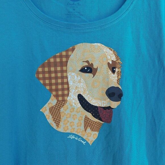 Life is Good Golden Retriever T Shirt Top Size M Green Patchwork Dog Print Tee - Picture 2 of 6